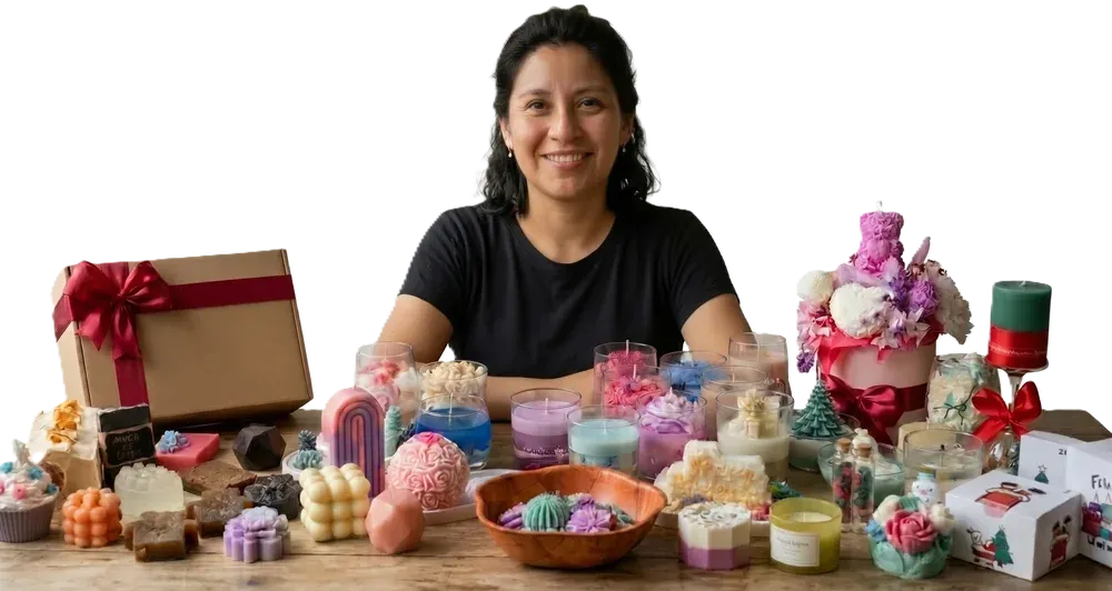 Emprendedora sonriente frente a una mesa con velas y jabones artesanales